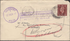 137283 1940 UNDELIVERED MAIL SALISBURY TO BODENHAM, HEREFORD WITH 'SALISBURY/WILTS' RUBBER DATE STAMP.