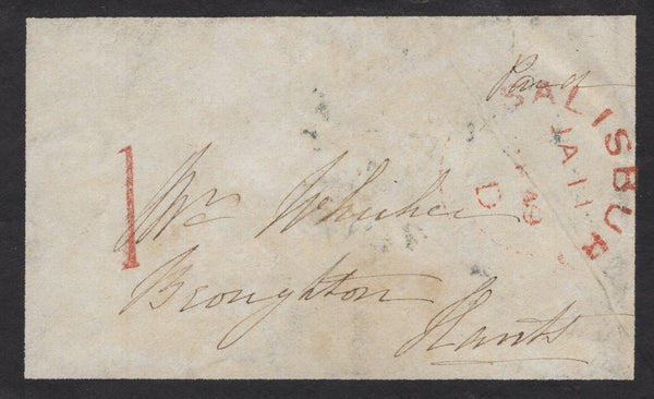 137285 1849 MOURNING ENVELOPE SALISBURY TO BROUGHTON, HANTS WITH SALISBURY UNIFORM PENNY POST '1' HAND STAMP TYPE K (WL672).