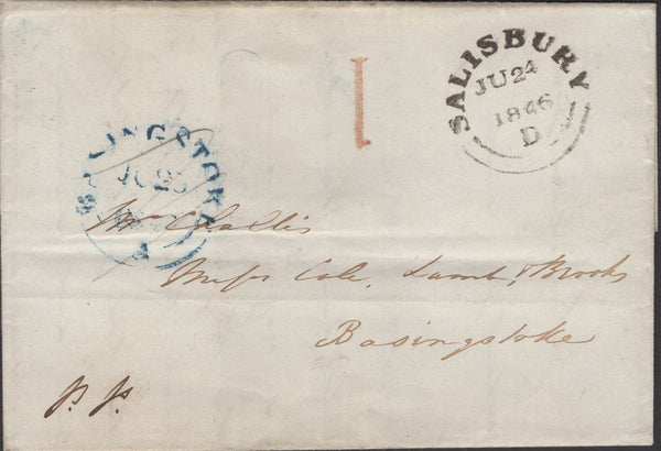 137286 1846 MAIL SALISBURY TO BASINGSTOKE WITH SALISBURY UNIFORM PENNY POST '1' HAND STAMP TYPE K (WL672).