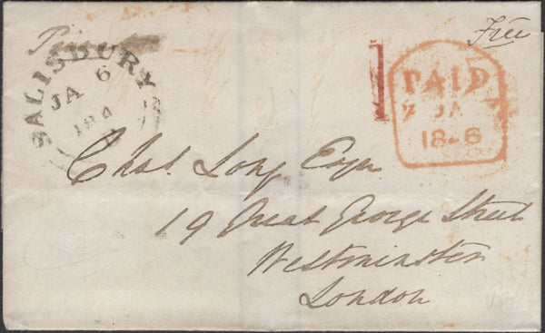 137287 1846 MAIL SALISBURY TO LONDON WITH SALISBURY UNIFORM PENNY POST '1' HAND STAMP TYPE K (WL672).