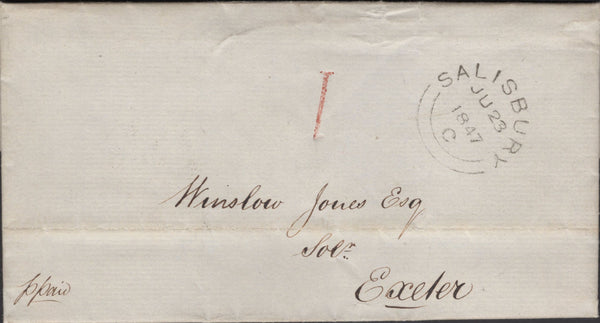 137288 1847 MAIL SALISBURY TO EXETER WITH SALISBURY UNIFORM PENNY POST '1' HAND STAMP TYPE K (WL672).