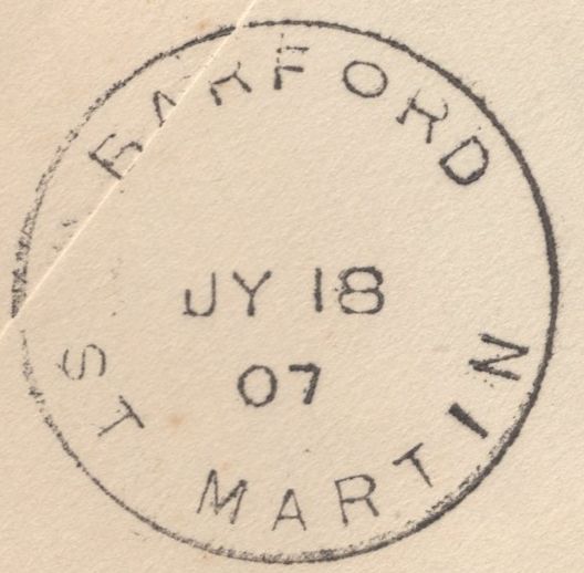 137294 1907 MAIL 'BARFORD ST MARTIN', WILTS TO BRIGHTON WITH 'BARFORD ST MARTIN' SKELETON DATE STAMP (30MM).