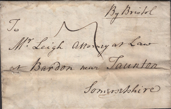 137295 1776 MAIL MILTON, WILTS TO BARDON NEAR TAUNTON WITH MANUSCRIPT 'By Bristol' AND 'MARL/BOROUGH' HAND STAMP, UNRECORDED IN COUNTY CATALOGUE.
