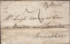 137295 1776 MAIL MILTON, WILTS TO BARDON NEAR TAUNTON WITH MANUSCRIPT 'By Bristol' AND 'MARL/BOROUGH' HAND STAMP, UNRECORDED IN COUNTY CATALOGUE.