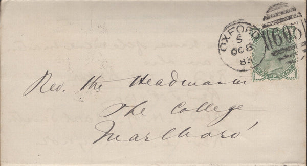 137297 1883 TURNED PRINTED WRAPPER OXFORD TO MARLBOROUGH AND THEN MARLBOROUGH TO OXFORD WITH ½D GREEN (SG164) X 2.
