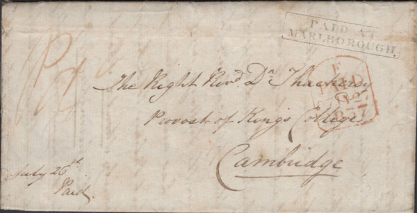137298 1837 MAIL OGBOURNE ST ANDREWS, WILTS TO CAMBRIDGE WITH 'PAID AT/MARLBOROUGH' HAND STAMP (WL448).