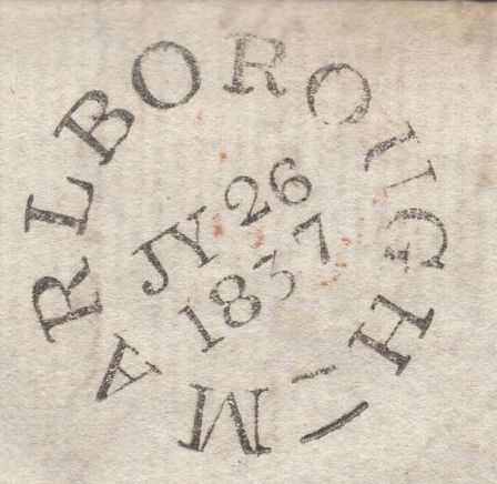 137298 1837 MAIL OGBOURNE ST ANDREWS, WILTS TO CAMBRIDGE WITH 'PAID AT/MARLBOROUGH' HAND STAMP (WL448).