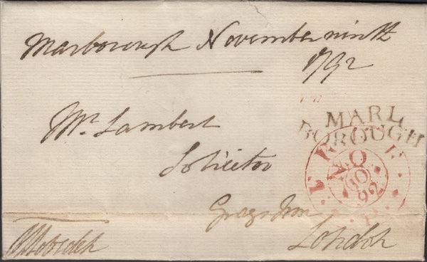 137299 1792 FREE MAIL MARLBOROUGH TO LONDON WITH 'FREE' DATE STAMP AND 'MARL/BOROUGH' SERPENTINE STYLE HAND STAMP (WL417).