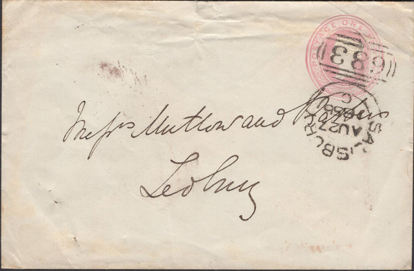 137308 1856 1D PINK ENVELOPE SALISBURY TO LEDBURY WITH 'SALISBURY/683' SIDEWAYS DUPLEX.