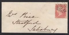 137311 1857 MOURNING ENVELOPE DURNFORD, WILTS TO SALISBURY WITH DIE 2 1D SAVOY STREET PRINTING (SPEC C9A(1) AND 'DURNFORD' UDC.
