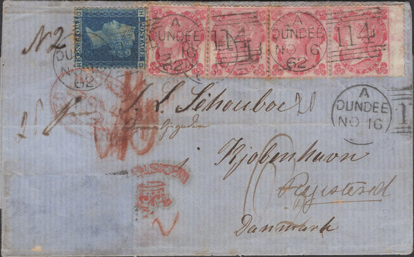 137316 1862 REGISTERED MAIL DUNDEE TO DENMARK WITH 3D (SG76) X 4 ALSO 2D (SG45) BUT SEVERAL STAMPS MISSING.