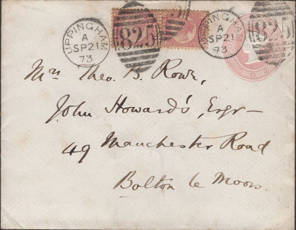 137319 1873 1D PINK ENVELOPE UPPINGHAM, RUTLAND TO BOLTON LE MOORS WITH ½D PL.5 (SG48) X 2.