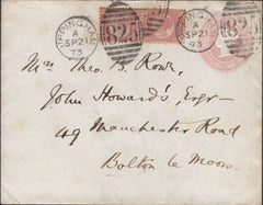 137319 1873 1D PINK ENVELOPE UPPINGHAM, RUTLAND TO BOLTON LE MOORS WITH ½D PL.5 (SG48) X 2.