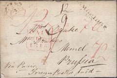 137325 1815 MAIL CAMBRIDGE TO MEMEL, PRUSSIA WITH 'CAMBRIDGE' MILEAGE MARK AND VARIOUS CHARGE MARKS.