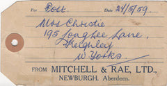 137326 1959 PARCEL TAG ABERDEEN TO KEIGHLEY, WEST YORKS WITH 6D REGIONAL (S3) X 7.