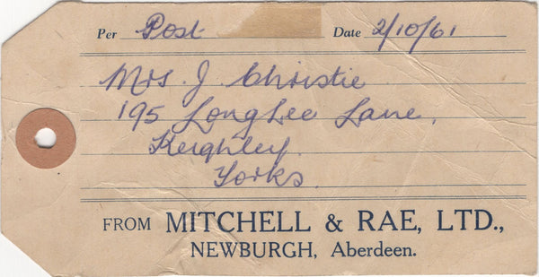 137327 1961 PARCEL TAG ABERDEEN TO KEIGHLEY, WEST YORKS WITH 1/- WILDING X 4.