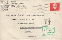 137332 1966 UNDERPAID MAIL CANADA TO KINGSTON ON THAMES, SURREY WITH SURCHARGE.