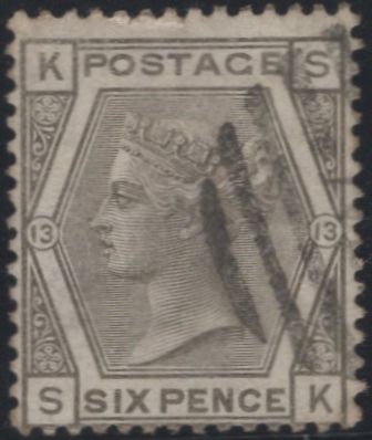 137382 1874 6D GREY PL.13 (SG147) GOOD USED.