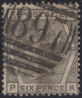 137386 1876 6D GREY PL.15 (SG147) GOOD USED.
