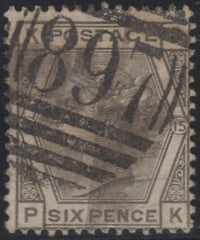 137386 1876 6D GREY PL.15 (SG147) GOOD USED.
