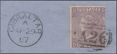 137488 1867 PIECE 6D LILAC PL.6 (SG97) WITH 'A26' GIBRALTAR CANCELLATION.