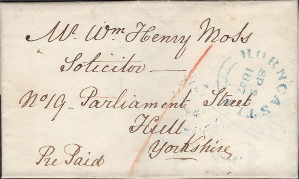 137536 1847 PRE-PAID MAIL HORNCASTLE TO HULL WITH 'HORNCASTLE' DATE STAMP IN BLUE.
