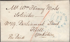 137536 1847 PRE-PAID MAIL HORNCASTLE TO HULL WITH 'HORNCASTLE' DATE STAMP IN BLUE.