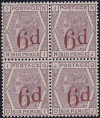 137556 1883 6D LILAC SURCHARGE '6d' IN CARMINE (SG162) FINE UNMOUNTED O.G. BLOCK OF FOUR WITH 'OI' RARE VARIETY 'LEFT DOT ONLY' (SPEC K88g).