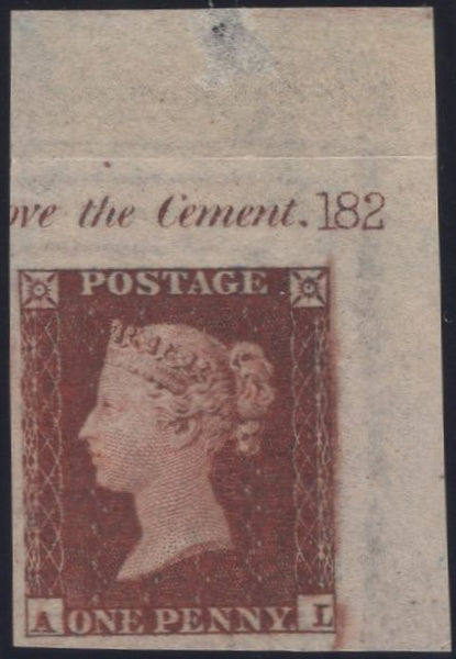137569 1854 DIE 1 1D PL.182 (SG8) UPPER RIGHT CORNER MARGINAL IMPRIMATUR LETTERED AL WITH PLATE NUMBER.