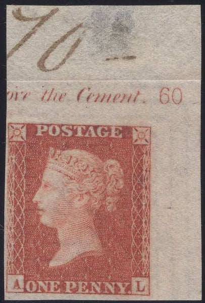 137571 1857 DIE 2 1D PL.60 UPPER RIGHT CORNER MARGINAL IMPRIMATUR LETTERED AL WITH PLATE NUMBER.