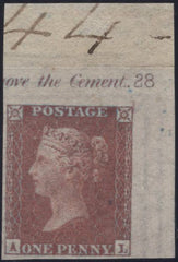 137575 1855 DIE 2 1D PL.28 UPPER RIGHT CORNER MARGINAL IMPRIMATUR LETTERED AL WITH PLATE NUMBER.
