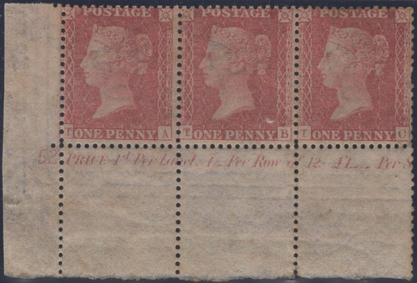 137590 1857 DIE 2 1D PL.52 (SG40) UNUSED CORNER STRIP OF THREE WITH PLATE NUMBER '52'.