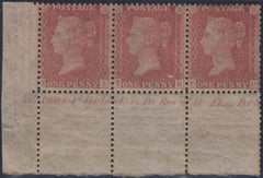 137590 1857 DIE 2 1D PL.52 (SG40) UNUSED CORNER STRIP OF THREE WITH PLATE NUMBER '52'.