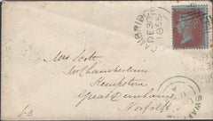137602 1855 MAIL CAMBRIDGE TO NORFOLK WITH DIE 2 1D PL.15 (SPEC C6) ON VERY BLUED PAPER.