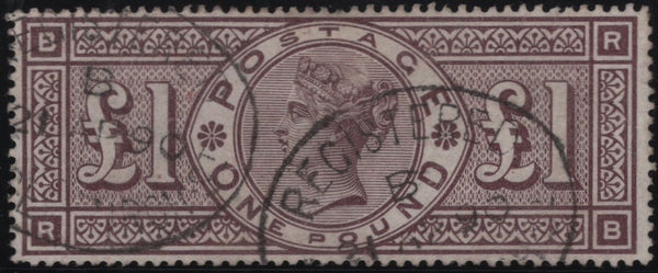137625 1884 £1 BROWN-LILAC WMK THREE CROWNS (SG185) GOOD USED.