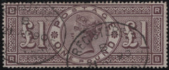 137625 1884 £1 BROWN-LILAC WMK THREE CROWNS (SG185) GOOD USED.