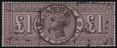 137626 1888 £1 BROWN-LILAC WMK THREE ORBS (SG186) FINE USED.