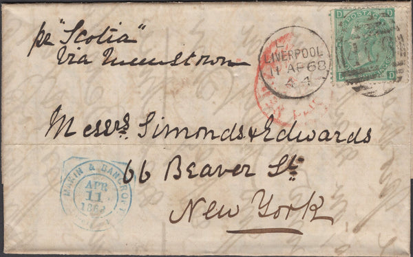 137629 1868 MAIL LIVERPOOL TO NEW YORK WITH 1S GREEN PL.4 (SG117).