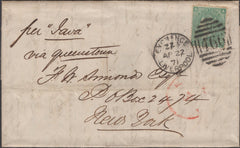 137630 1871 WRAPPER LIVERPOOL TO NEW YORK WITH 1S GREEN PL.4 (SG117).