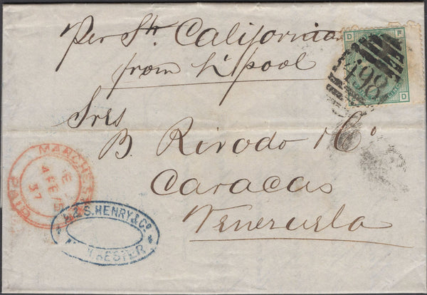 137632 1875 MAIL MANCHESTER TO CARACAS, VENEZUELA WTH 1S GREEN PL.10 (SG150).
