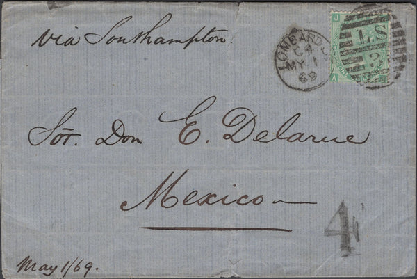 137634 1869 MAIL LONDON TO MEXICO WITH 1S GREEN PL.4 (SG117).