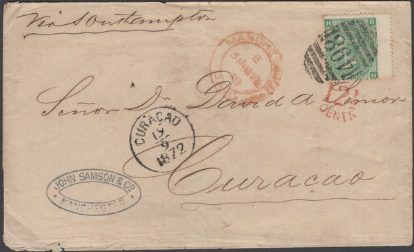 137639 1872 MAIL MANCHESTER TO CURACAO WITH 1S GREEN PL.6 (SG117).