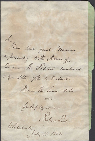 137643 1834 LETTER SIGNED 'ROBERT PEEL', ON REVERSE TWO FREE FRONTS, ONE WITH 1D BLACK PL.2 (SG2)(NL).
