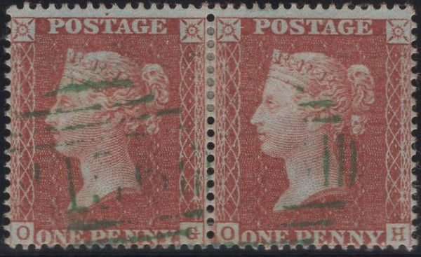 137658 1855 DIE 2 1D PL.5 FROM THE MUCH SCARCER LARGE CROWN 16 PRINTING (SG26) HORIZONTAL PAIR OG OH WITH GREEN CANCELLATION.
