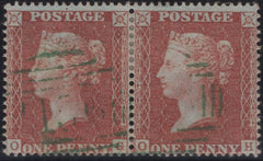137658 1855 DIE 2 1D PL.5 FROM THE MUCH SCARCER LARGE CROWN 16 PRINTING (SG26) HORIZONTAL PAIR OG OH WITH GREEN CANCELLATION.
