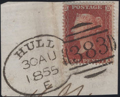 137666 1855 SMALL PIECE WITH DIE 2 1D PL.7 FROM THE MUCH SCARCER LARGE CROWN 16 PRINTING (SG26) WITH HULL SPOON (RA40).