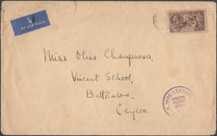 137689 1936 AIR MAIL SUTTON COLDFIELD TO CEYLON WITH 2/6 RE-ENGRAVED SEAHORSE (SG450).