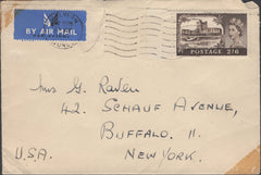 137693 1955 AIR MAIL MALVERN, WORCS TO NEW YORK WITH 2/6 CASTLE COMMERCIAL USAGE FIRST DAY OF ISSUE.