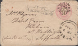 137695 1843 1D PINK ENVELOPE LONDON TO SUFFOLK WITH NUMBER '2' IN MALTESE CROSS AND 'T.P/WoolwichE.O' RECEIVERS HAND STAMP.