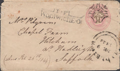 137695 1843 1D PINK ENVELOPE LONDON TO SUFFOLK WITH NUMBER '2' IN MALTESE CROSS AND 'T.P/WoolwichE.O' RECEIVERS HAND STAMP.